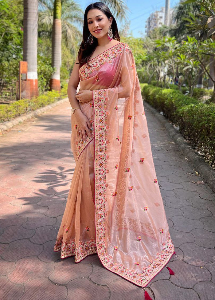 Peach Net Saree With Blouse Piece