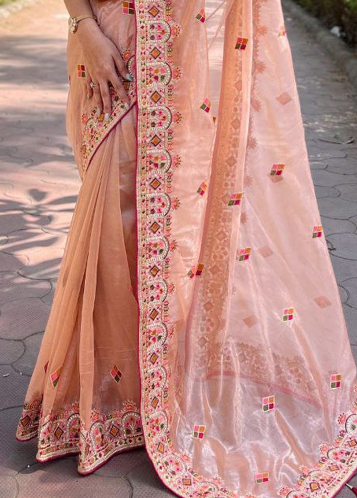 Peach Net Saree With Blouse Piece