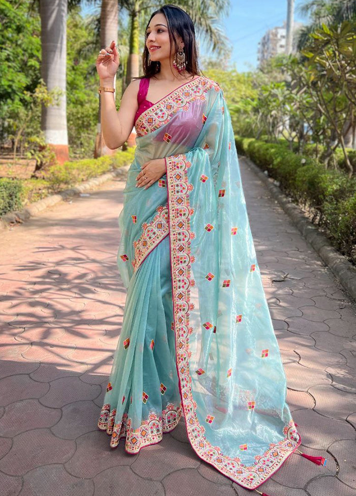 Sky Blue Net Saree With Blouse Piece