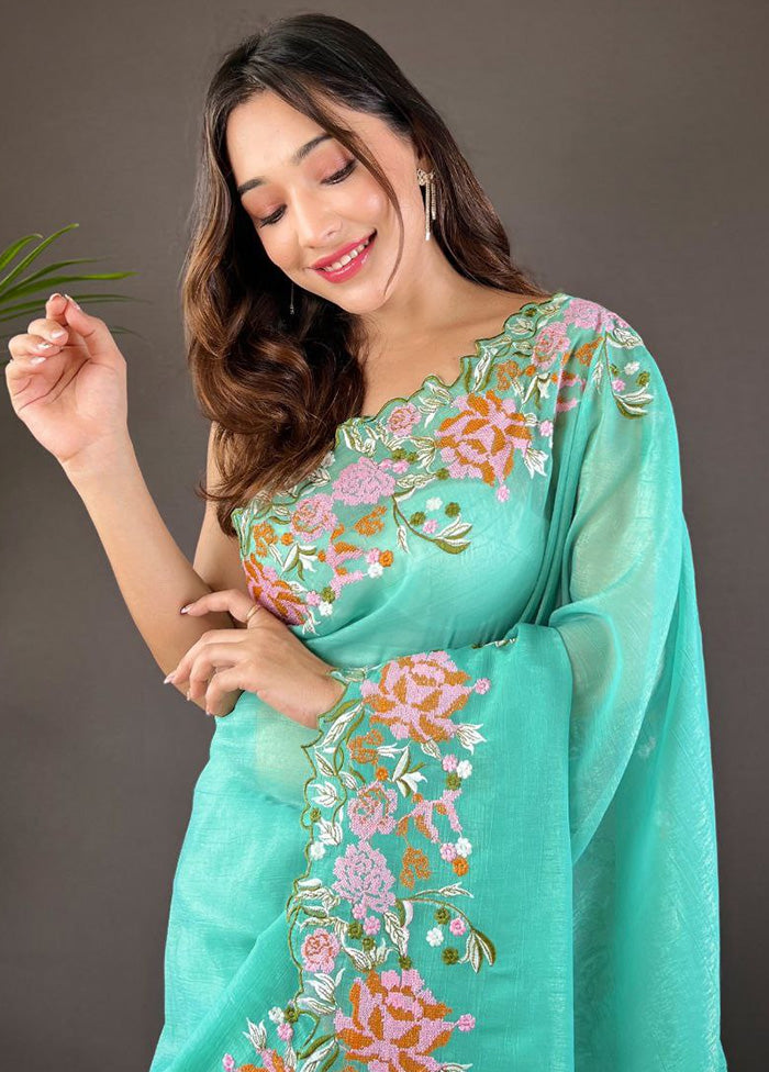 Mint Green Spun Silk Saree With Blouse Piece