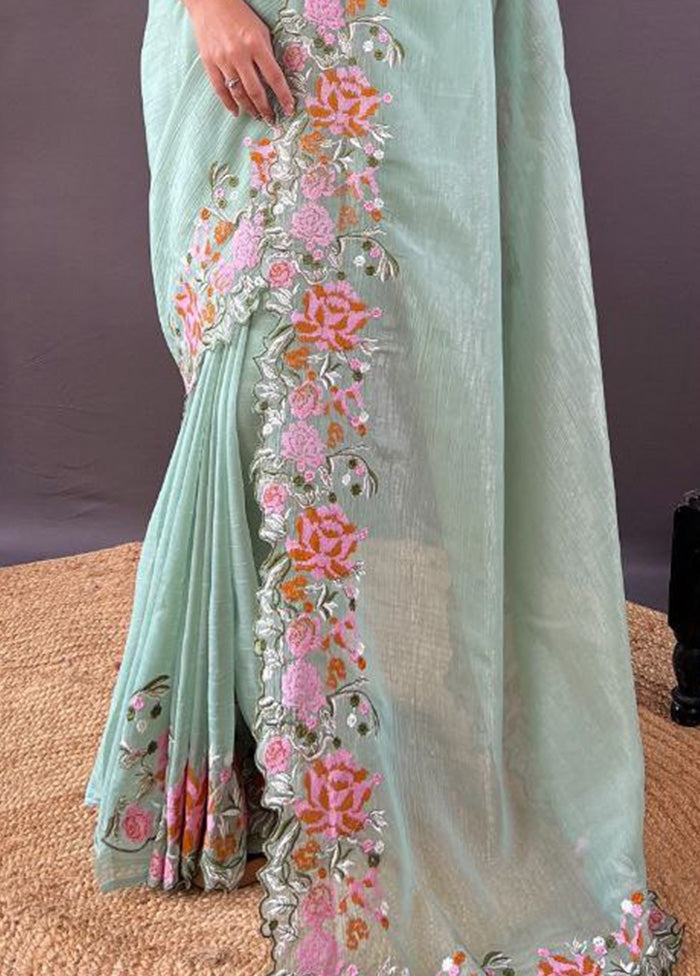 Pista Green Spun Silk Saree With Blouse Piece