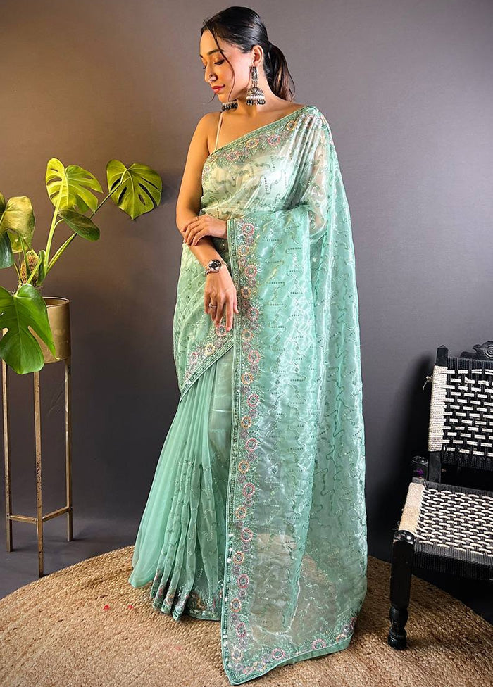 Mint Green Net Saree With Blouse Piece