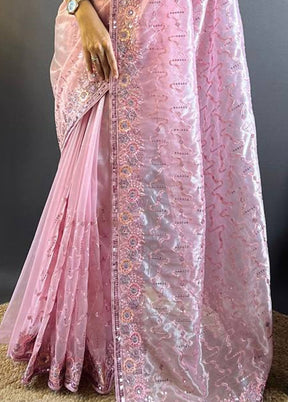 Pink Net Saree With Blouse Piece