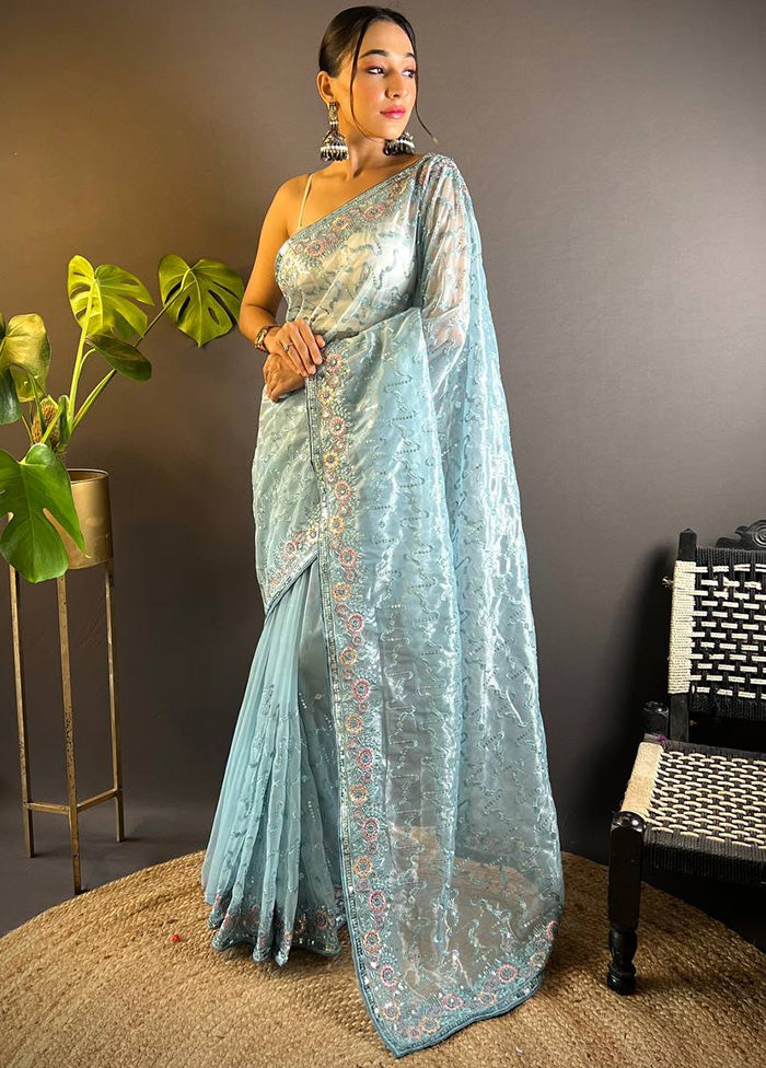 Sky Blue Net Saree With Blouse Piece