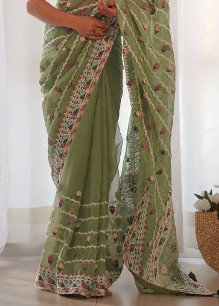 Sea Green Organza Saree With Blouse Piece