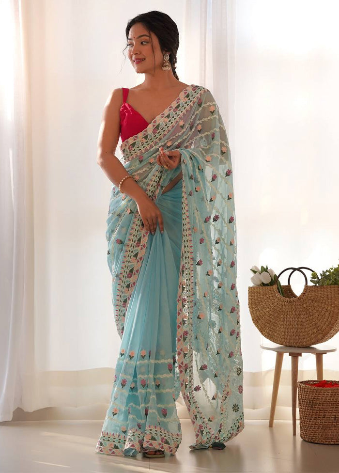 Sky Blue Organza Saree With Blouse Piece