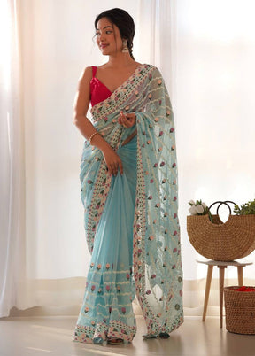 Sky Blue Organza Saree With Blouse Piece