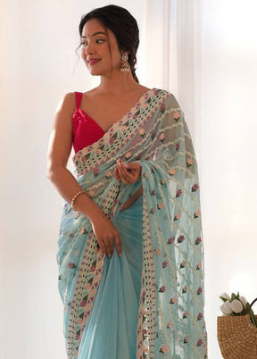 Sky Blue Organza Saree With Blouse Piece