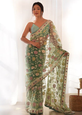 Pista Green Net Saree With Blouse Piece