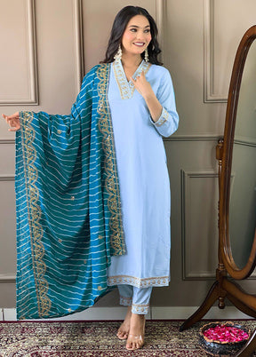 3 Pc Sky Blue Readymade Viscose Suit Set