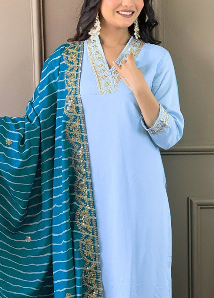 3 Pc Sky Blue Readymade Viscose Suit Set