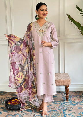 3 Pc Light Mauve Readymade Chanderi Suit Set