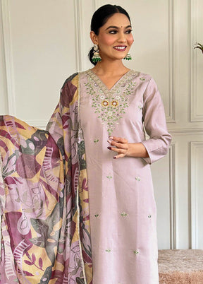 3 Pc Light Mauve Readymade Chanderi Suit Set