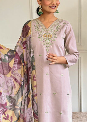 3 Pc Light Mauve Readymade Chanderi Suit Set