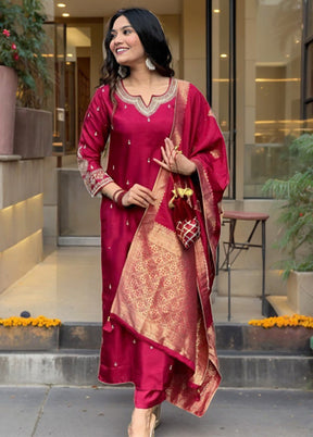 3 Pc Maroon Readymade Silk Suit Set