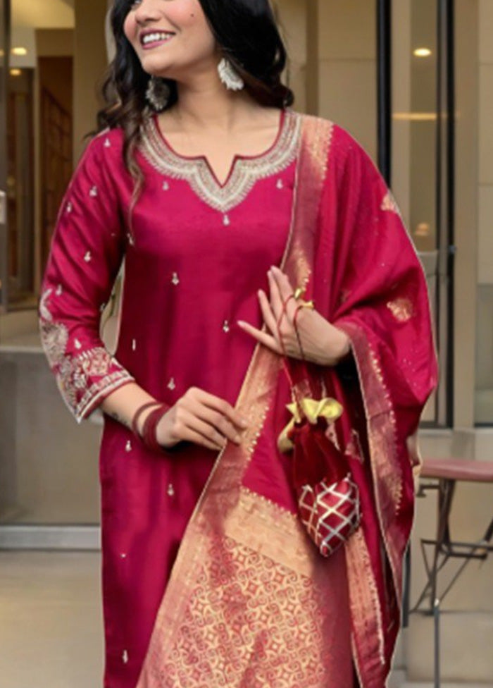 3 Pc Maroon Readymade Silk Suit Set