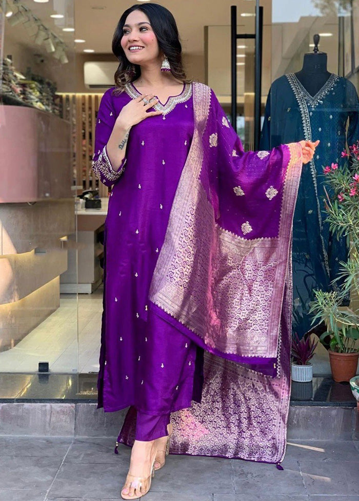 3 Pc Purple Readymade Silk Suit Set