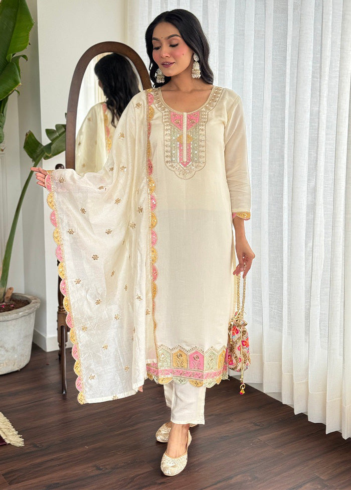 3 Pc White Readymade Viscose Suit Set