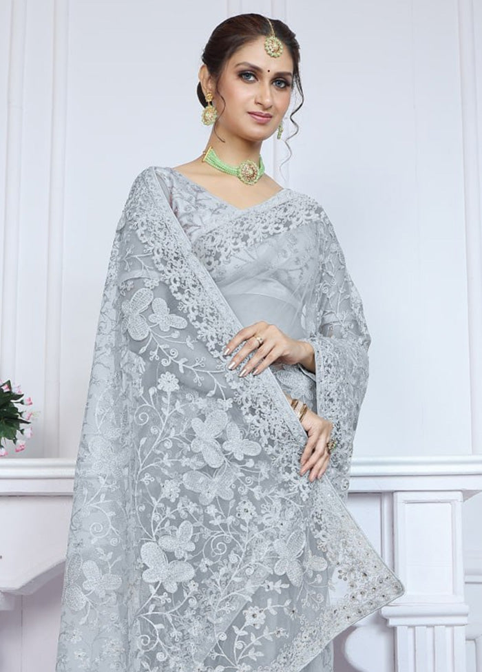 Grey Net Saree With Blouse Piece