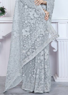 Grey Net Saree With Blouse Piece