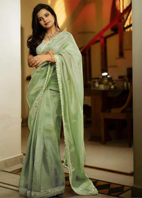 Pista Green Spun Silk Saree With Blouse Piece