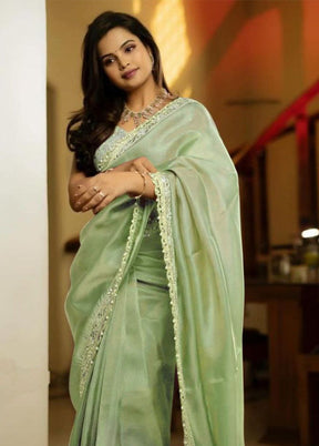 Pista Green Spun Silk Saree With Blouse Piece