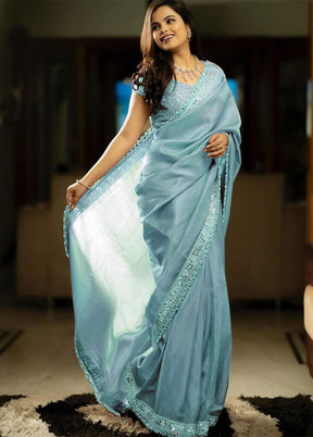 Sky Blue Spun Silk Saree With Blouse Piece