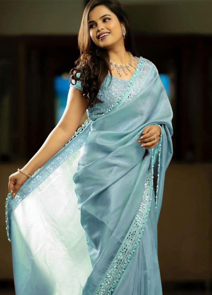 Sky Blue Spun Silk Saree With Blouse Piece