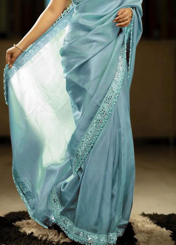 Sky Blue Spun Silk Saree With Blouse Piece