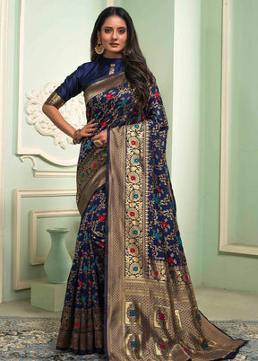 Navy Blue Banarasi Silk Saree With Blouse Piece