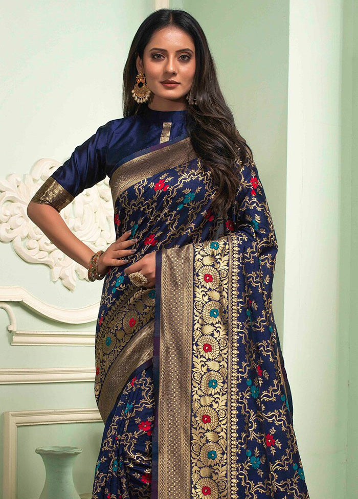 Navy Blue Banarasi Silk Saree With Blouse Piece