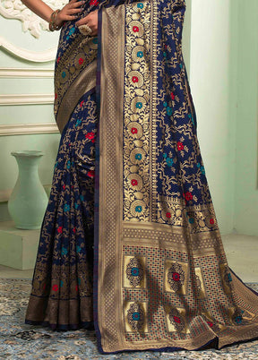 Navy Blue Banarasi Silk Saree With Blouse Piece