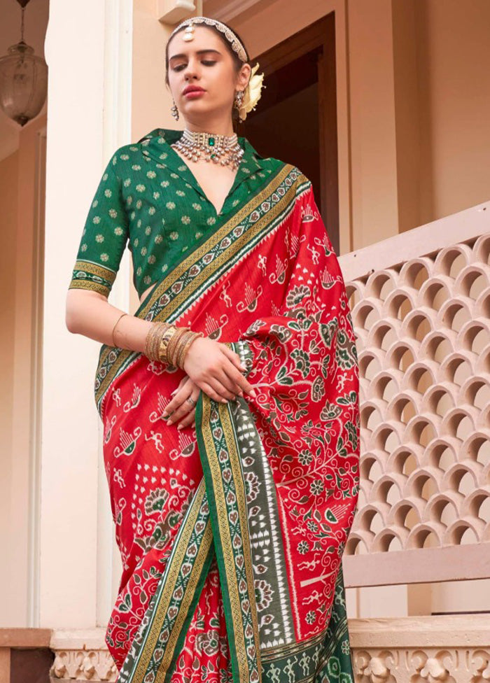 Red Spun Silk Saree With Blouse Piece