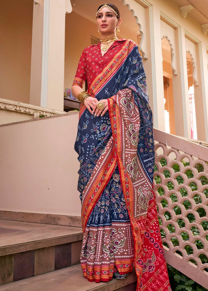 Navy Blue Spun Silk Saree With Blouse Piece