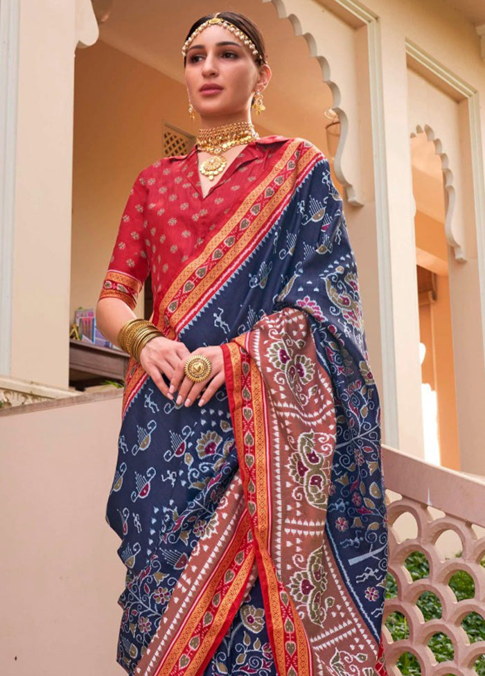 Navy Blue Spun Silk Saree With Blouse Piece