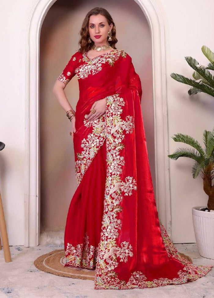 Red Spun Silk Saree With Blouse Piece