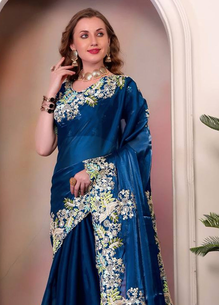 Teal Spun Silk Saree With Blouse Piece