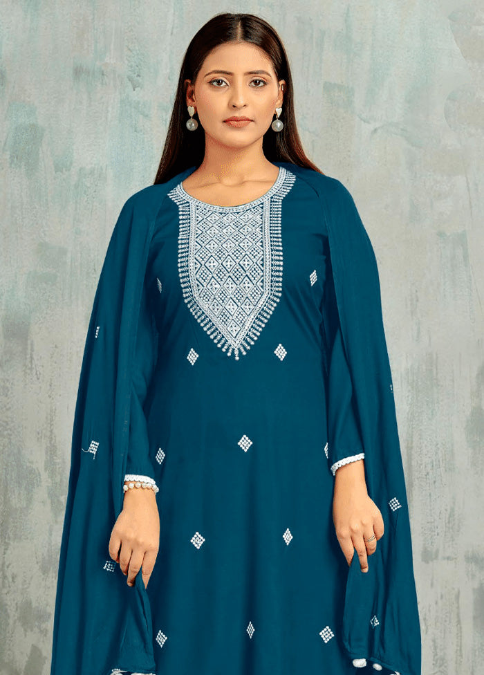 3 Pc Teal Unstitched Cotton Suit Set