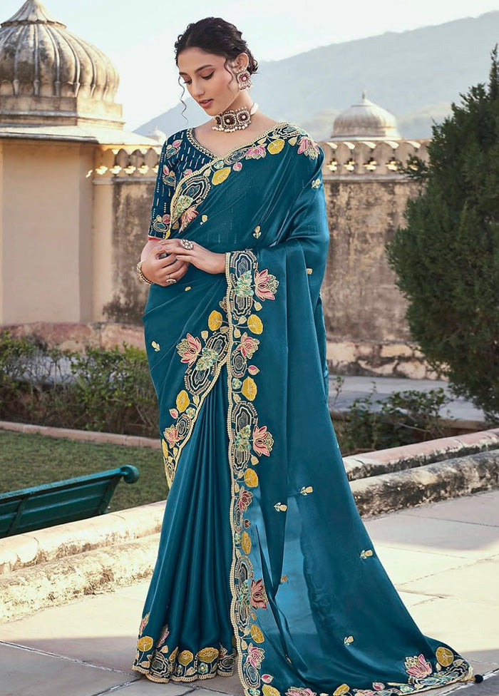 Teal Spun Silk Saree With Blouse Piece