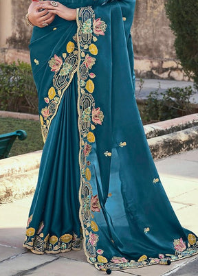 Teal Spun Silk Saree With Blouse Piece