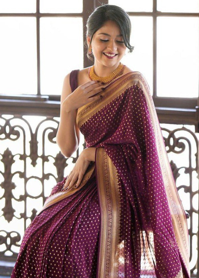 Wine Banarasi Silk Saree With Blouse Piece