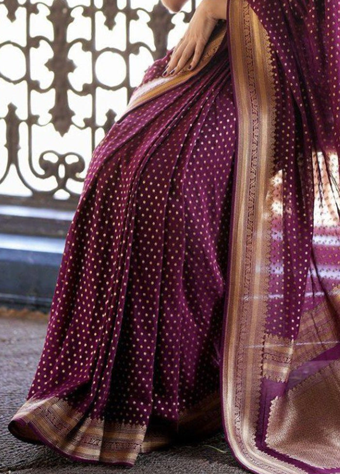 Wine Banarasi Silk Saree With Blouse Piece