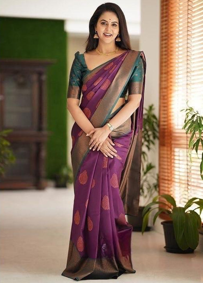 Wine Banarasi Silk Saree With Blouse Piece