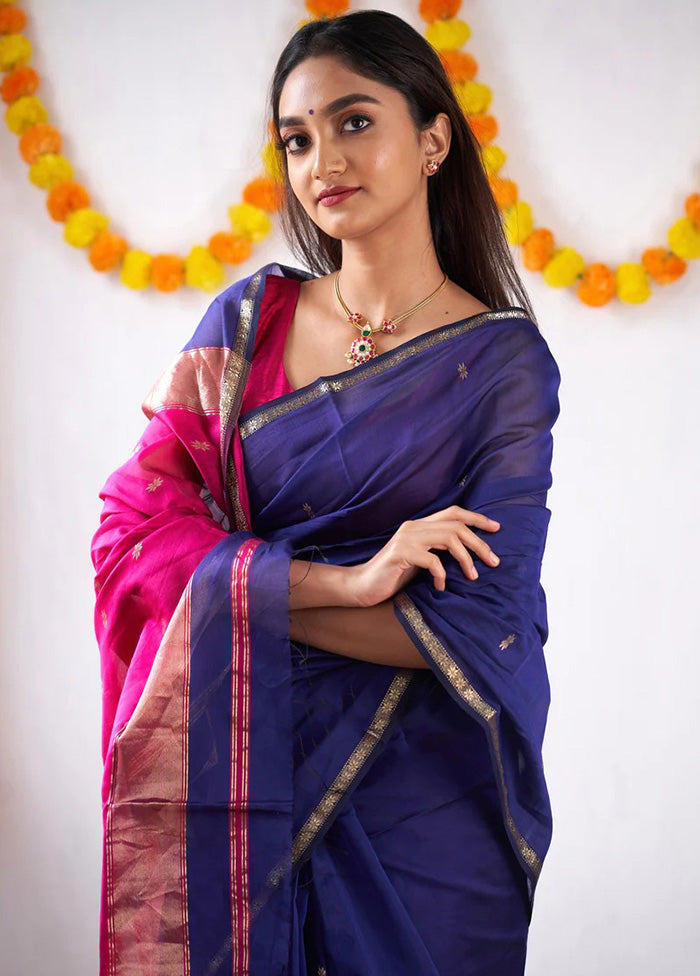 Navy Blue Banarasi Silk Saree With Blouse Piece