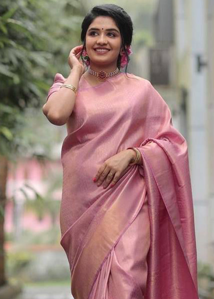 Pink Banarasi Silk Saree With Blouse Piece