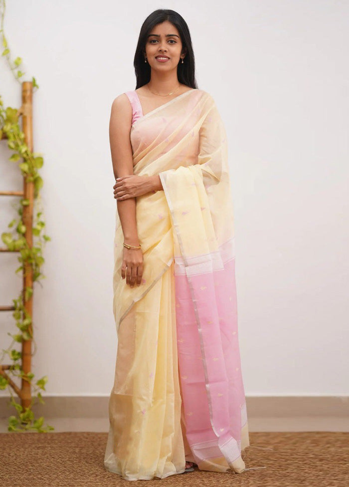 Cream Linen Silk Saree With Blouse Piece