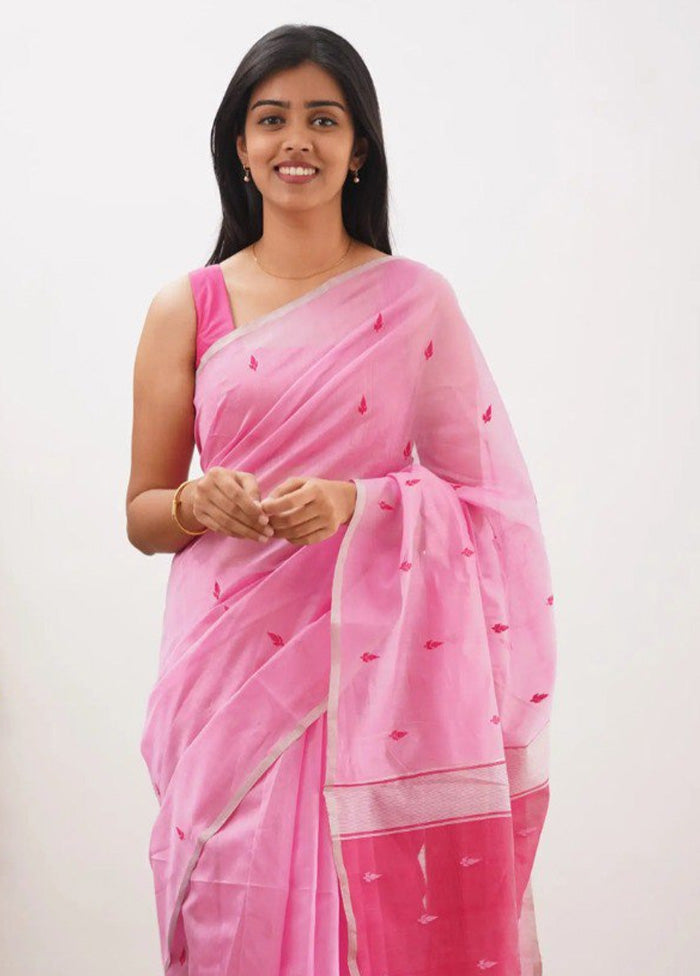 Pink Linen Silk Saree With Blouse Piece