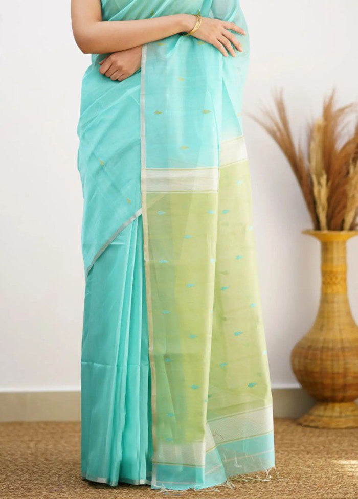 Sky Blue Linen Silk Saree With Blouse Piece