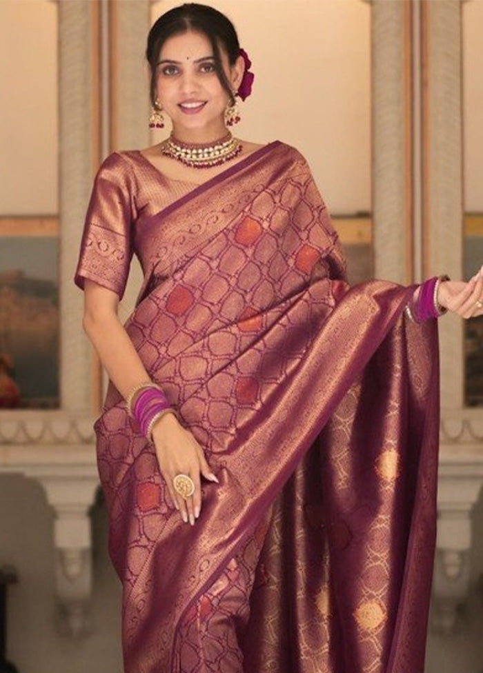 Wine Banarasi Silk Saree With Blouse Piece