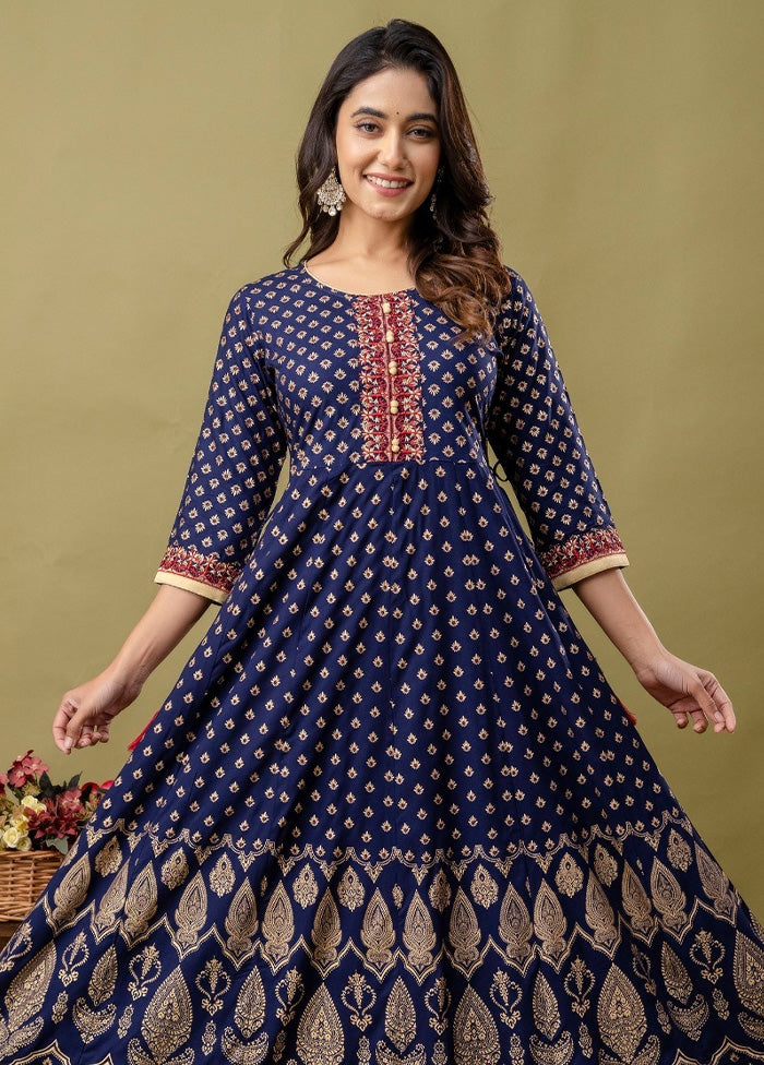 Navy Blue Readymade Rayon Indian Dress